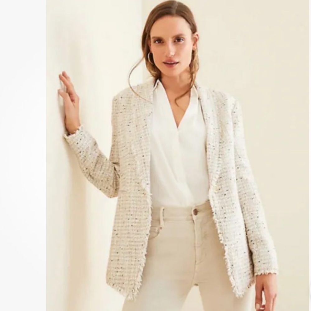 ANN TAYLOR Fringe Tweed Shawl Collar Jacket Size 10 NWOT